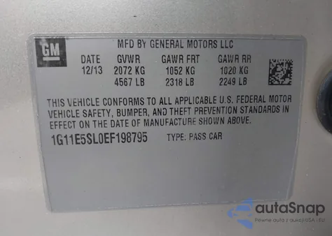 2014 Chevrolet Malibu 2Lt из США, поврежденный, VIN 1G11E5SL0EF198795